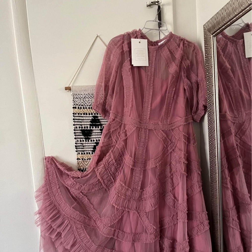 MAC DUGGAL Pink High Neck Micro Ruffle Tiered Midi Dress